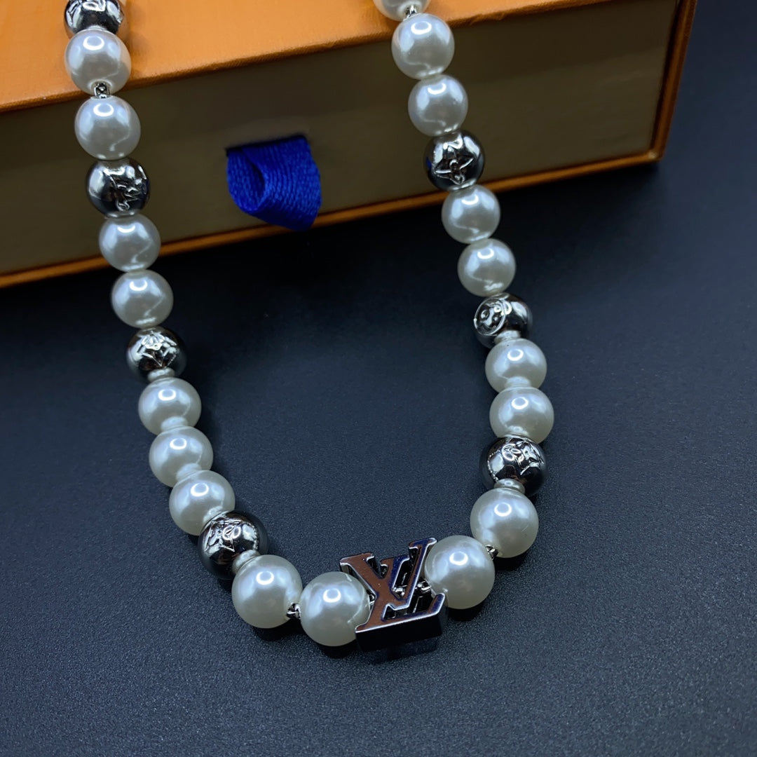Pearl & Silver Bead Monogram Necklace & Bracelet Set