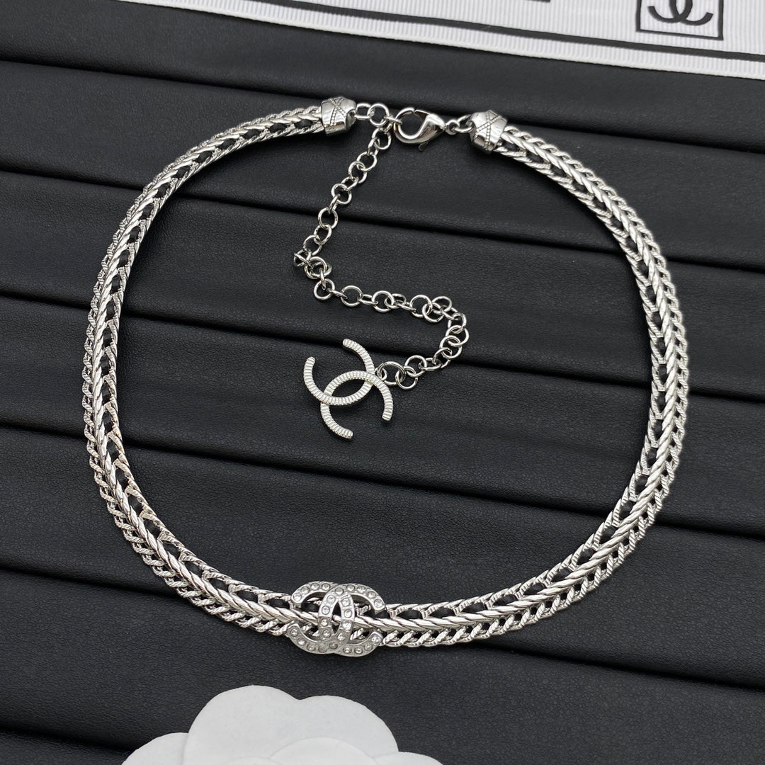 CC Pavé Wheat Braid Chain Choker Necklace – Gold & Silver