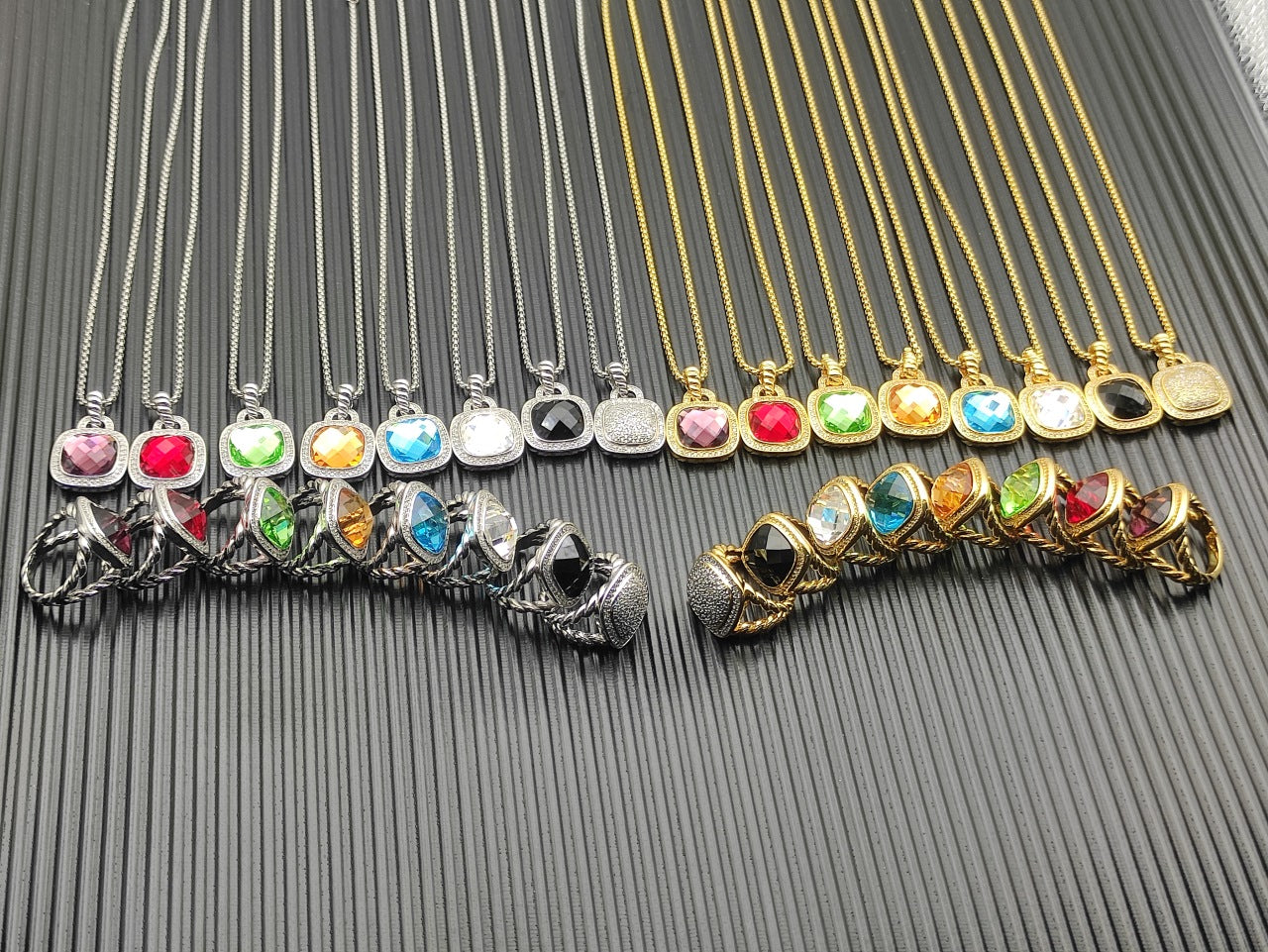 Colorful Crystal Square Pendant Necklace & Ring Set