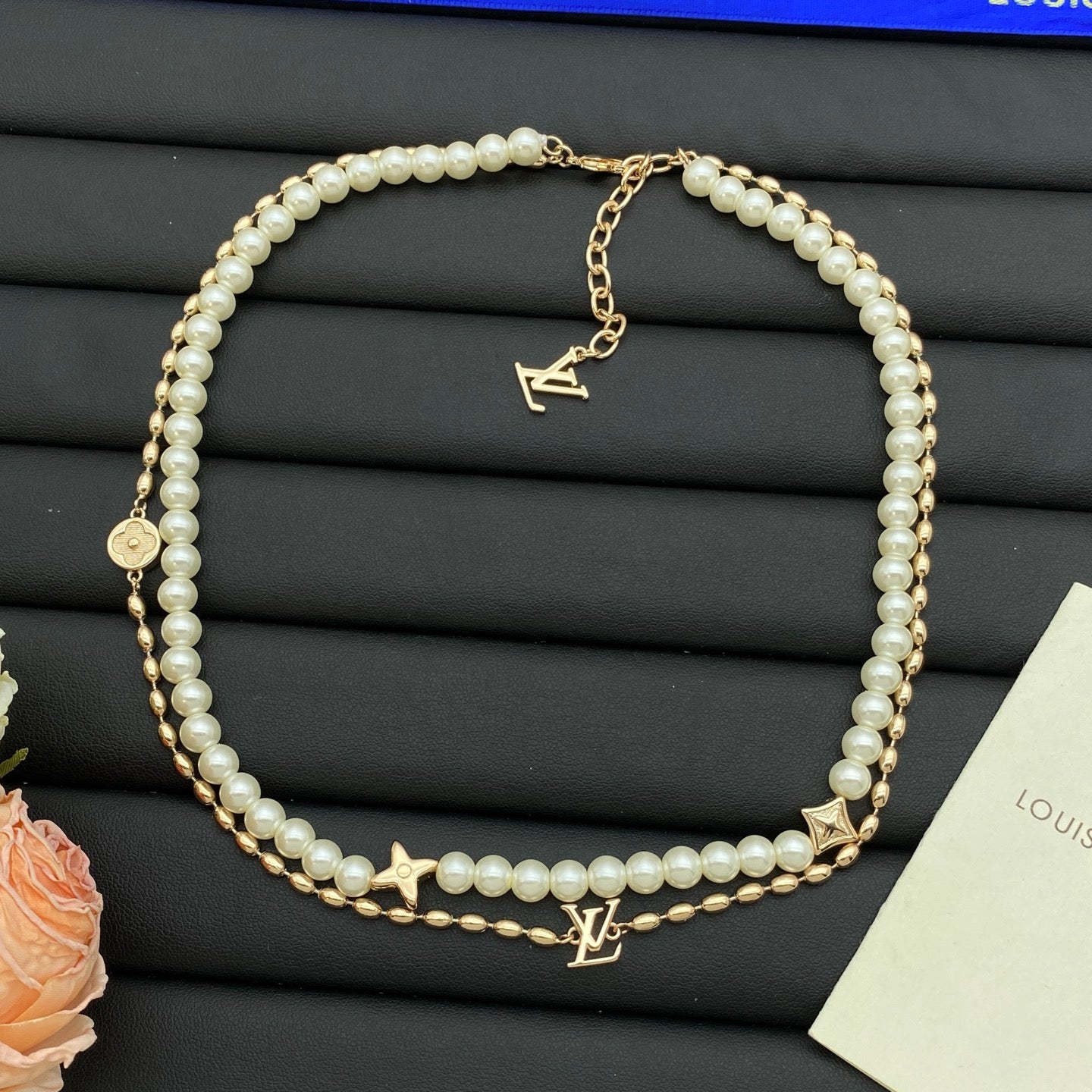 Faux Pearl & Oval Bead Star Flower Charm Necklace & Bracelet Set