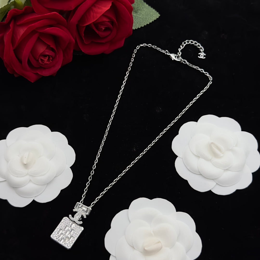 Crystal Perfume Bottle Rectangle Pendant Necklace