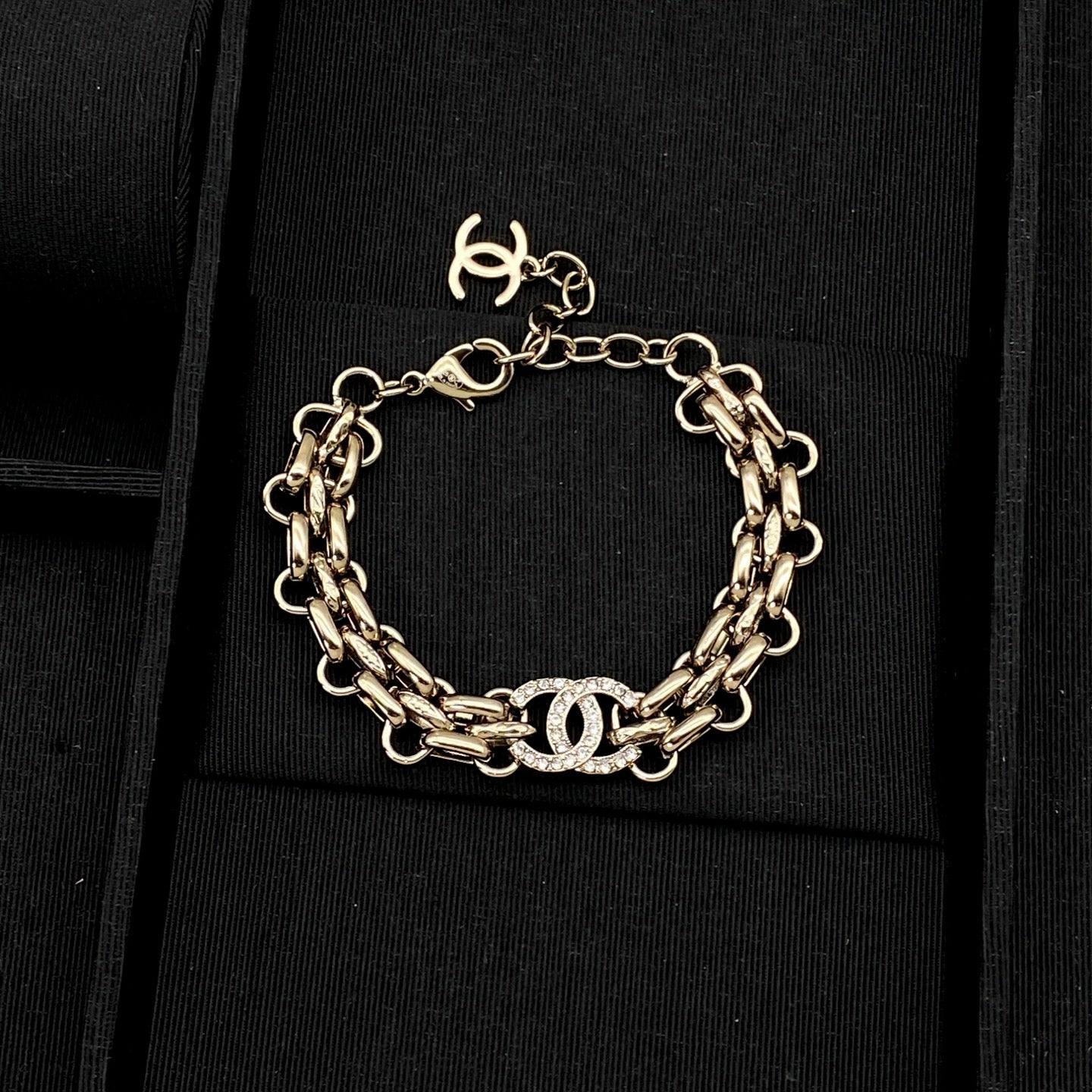Triple-Row Chain Link Necklace & Bracelet Set | Crystal Logo