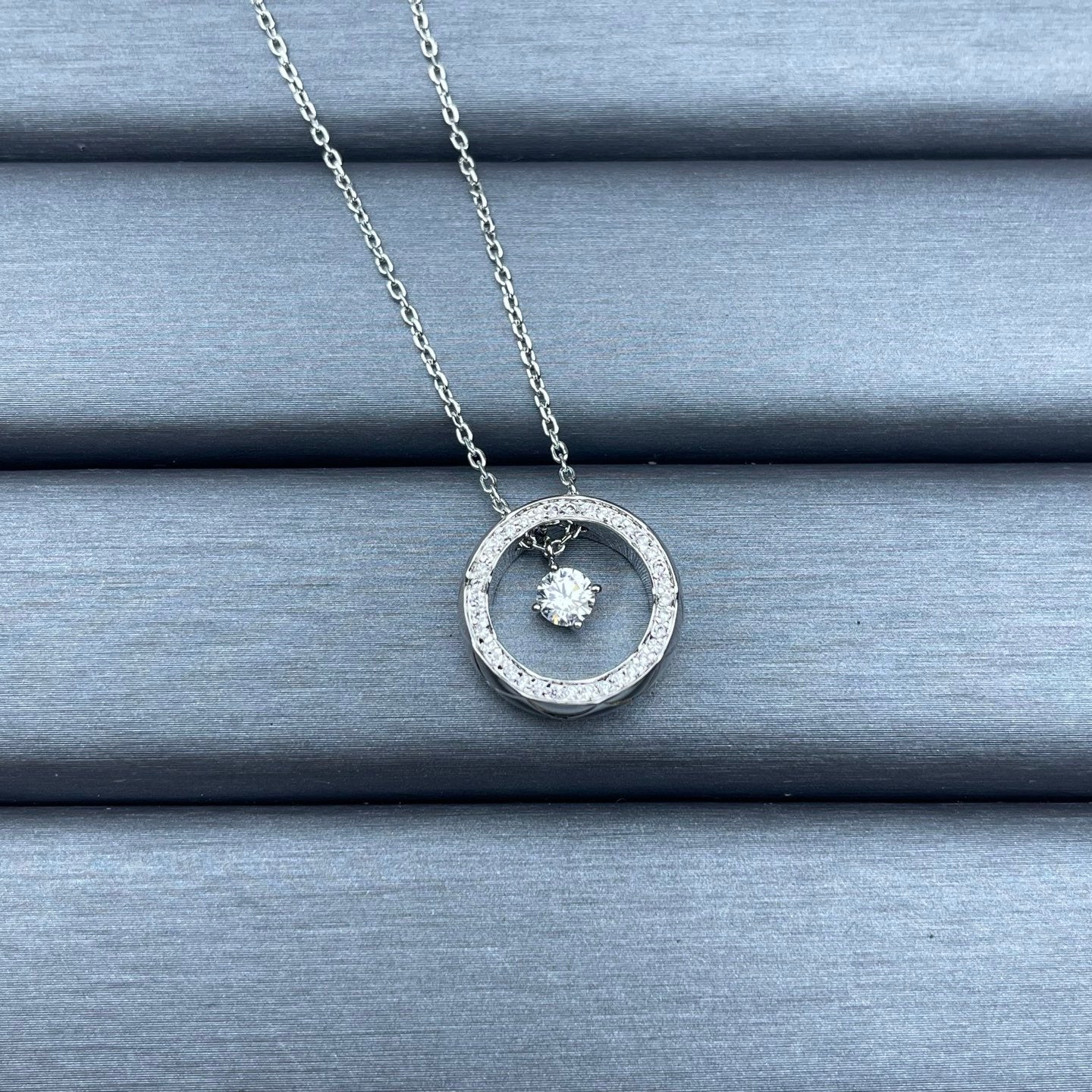 Crystal Pavé Open Circle Floating Solitaire Pendant Necklace