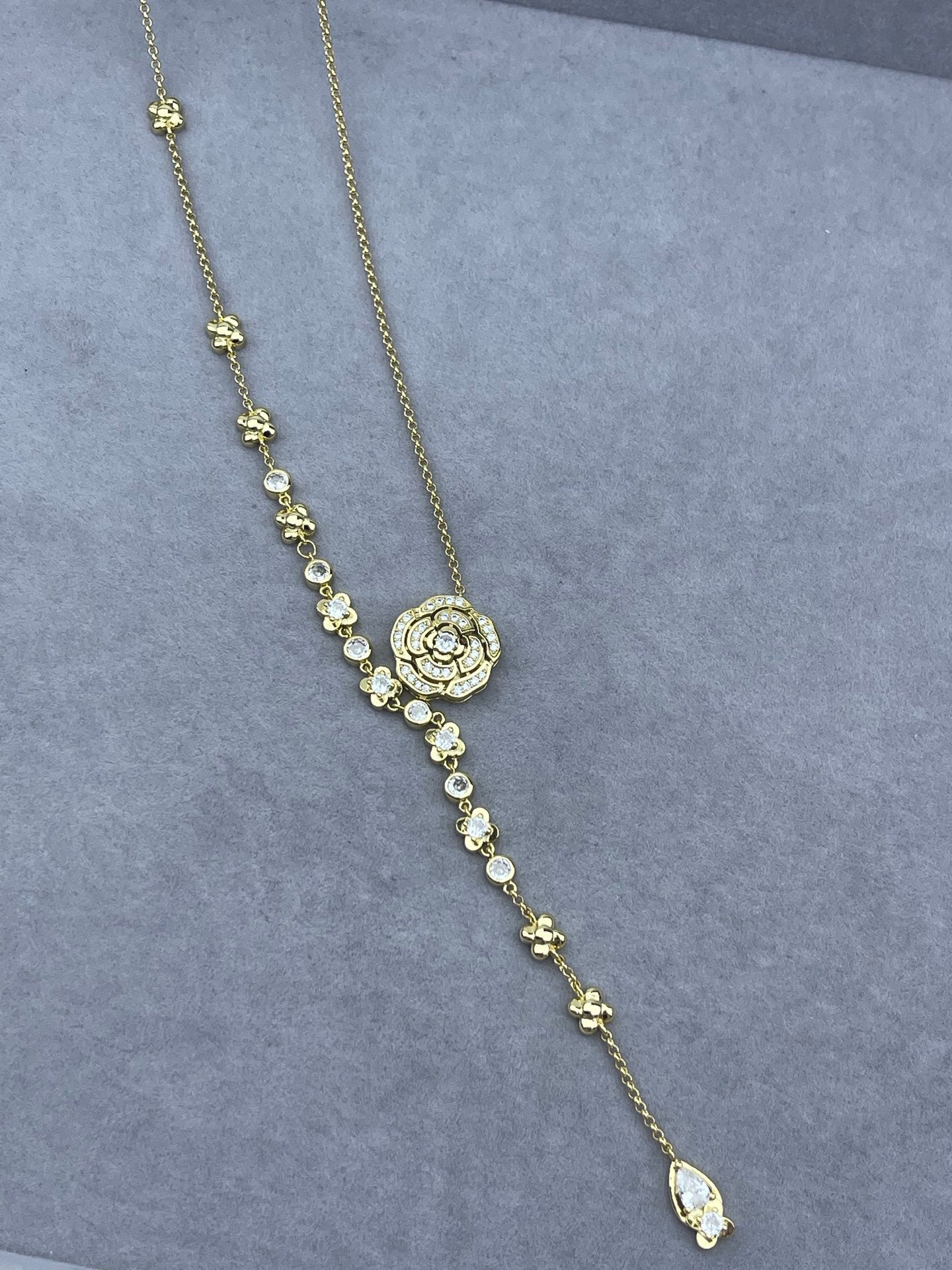 Crystal Pavé Rose Medallion Station Chain Lariat Necklace