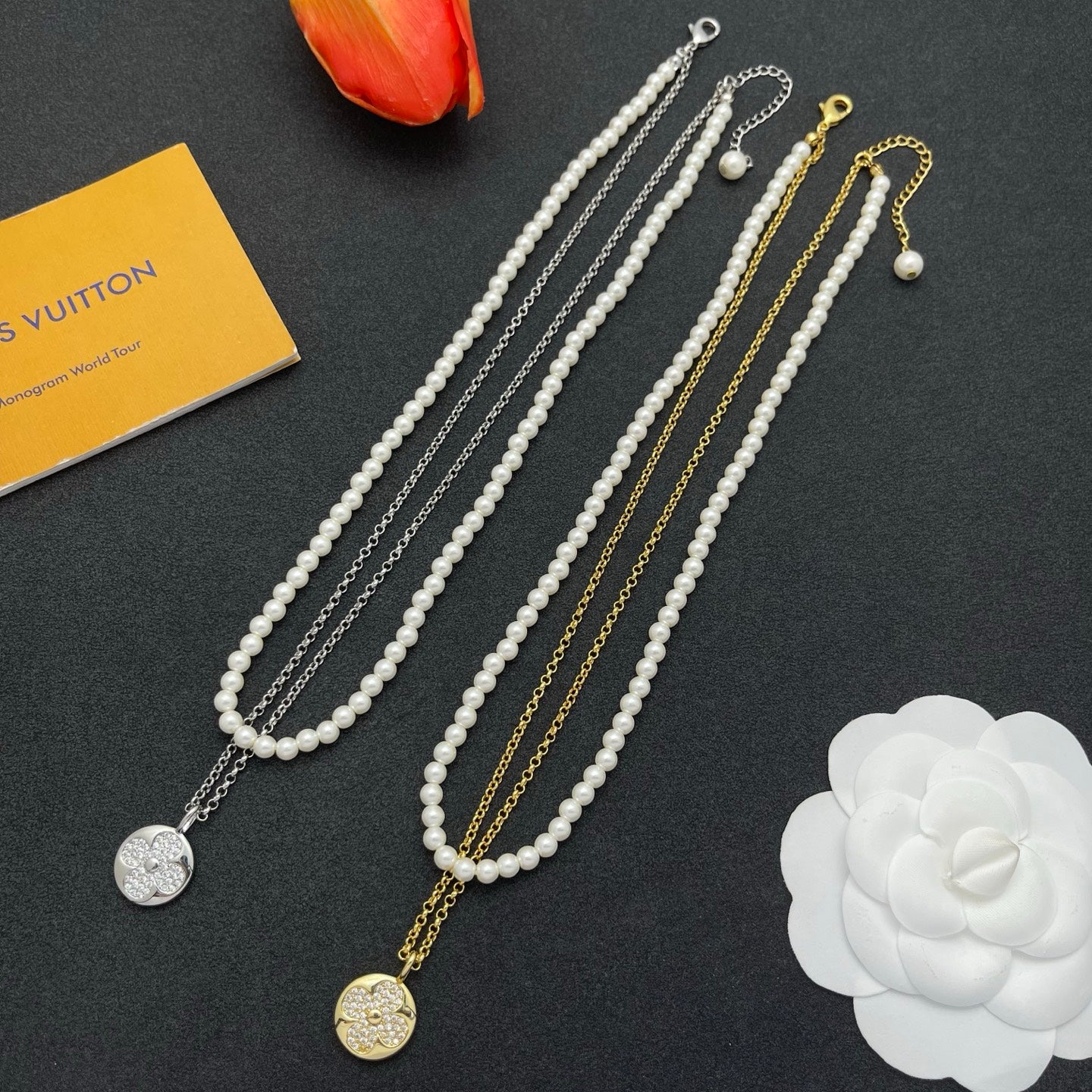 Pearl & Chain Double Layer Necklace with Pavé Floral Pendant