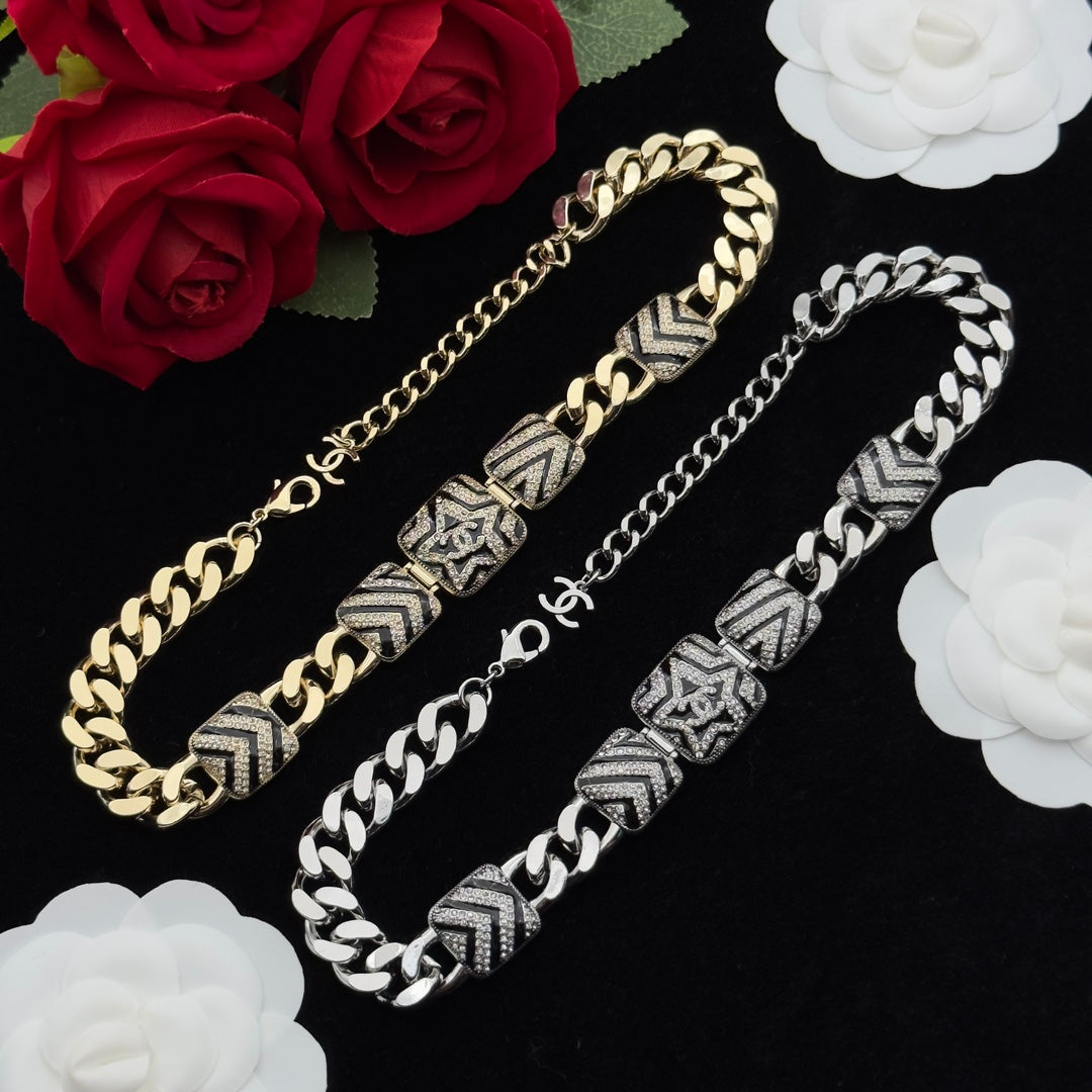 Crystal Chevron & Star Medallion Cuban Link Necklace