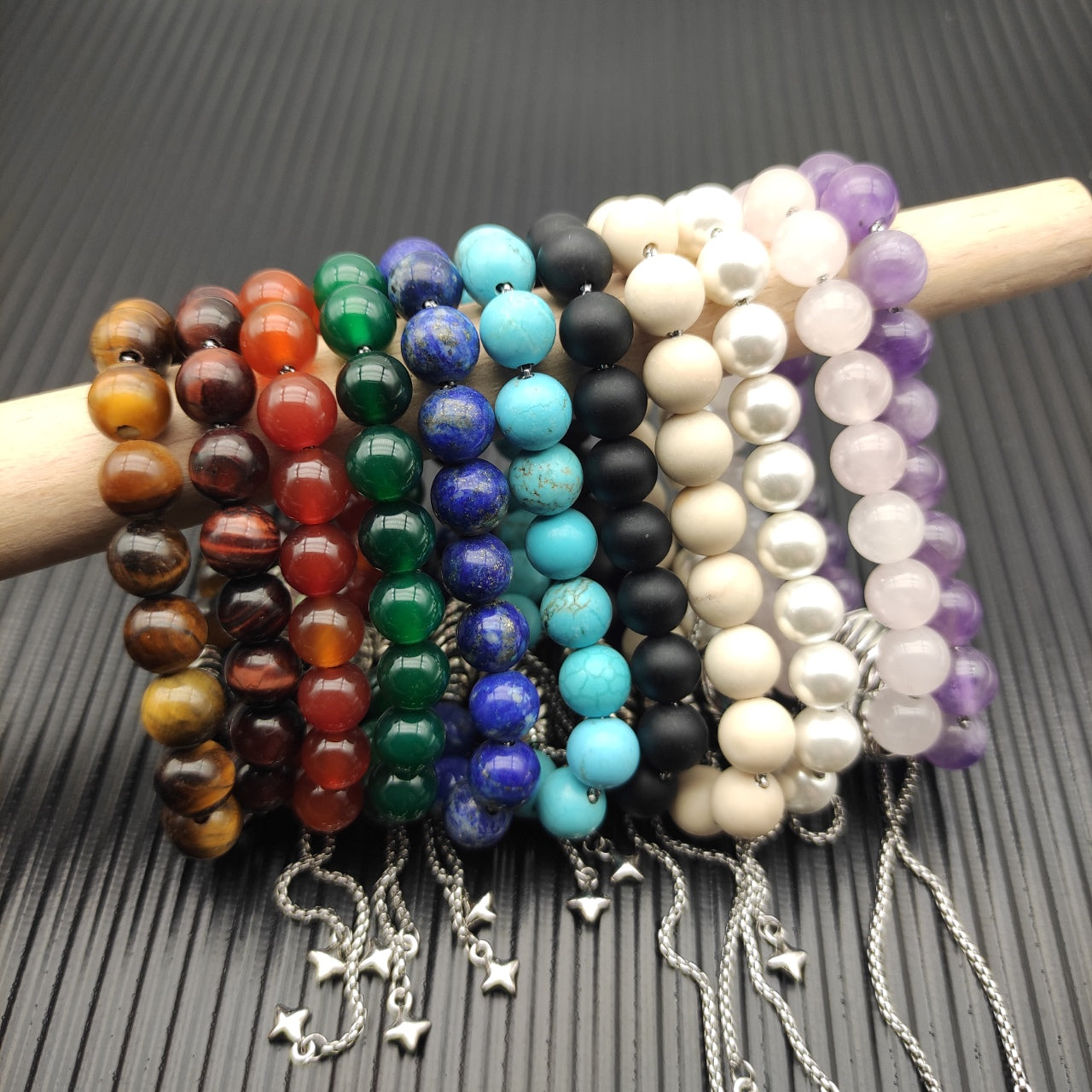 Natural Gemstone Bead Stretch Bracelet with Star Charm