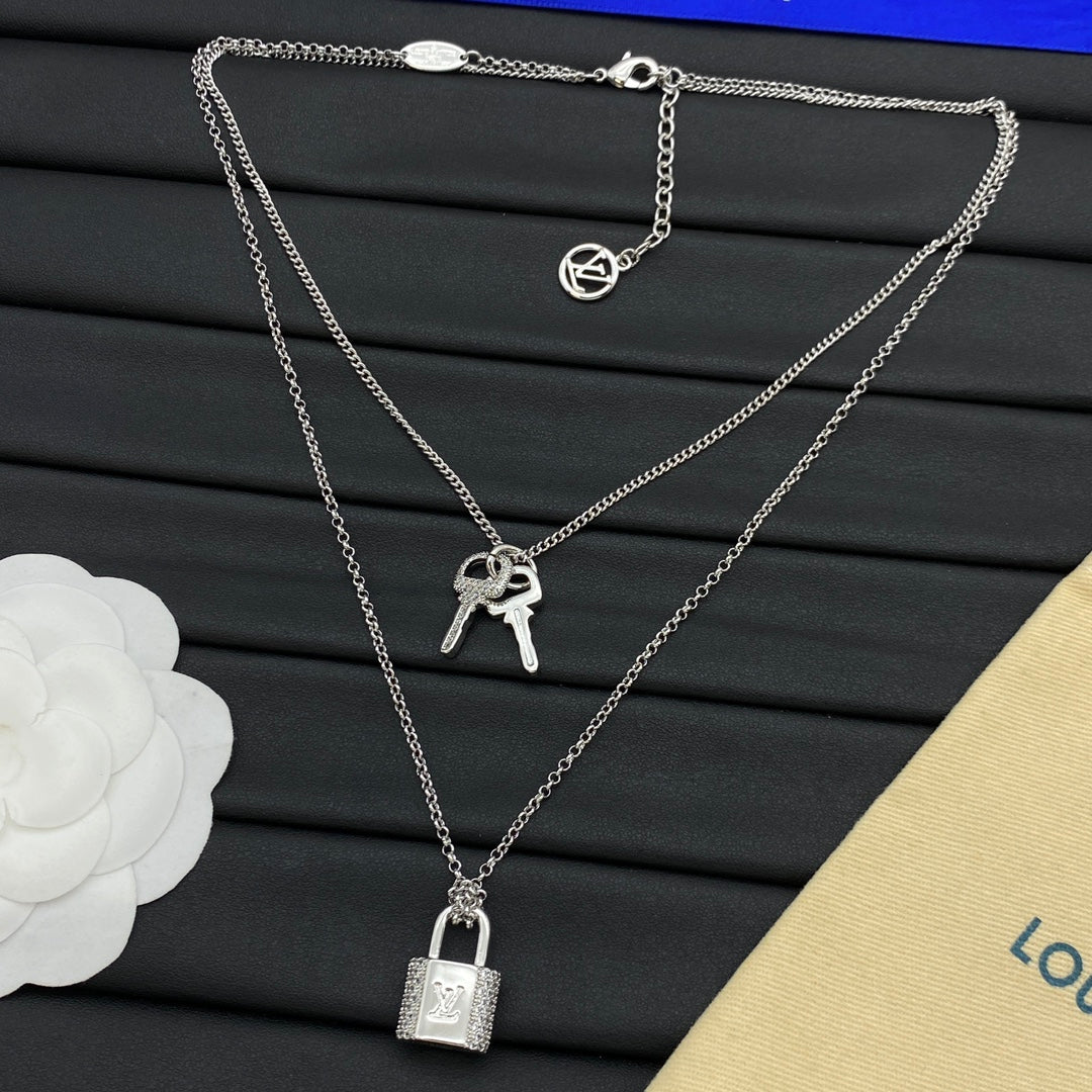 Pavé Lock & Key Double Chain Layered Necklace