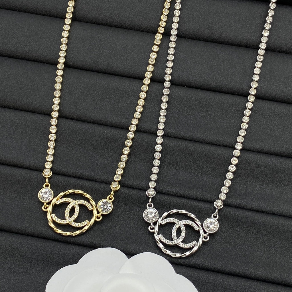 Pavé CC Circle Pendant Tennis Chain Necklace – Gold & Silver