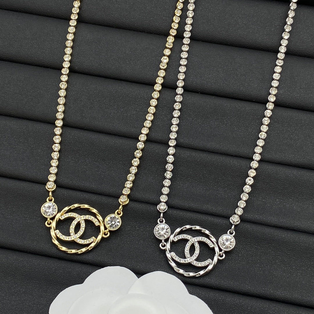 Pavé CC Circle Pendant Tennis Chain Necklace – Gold & Silver