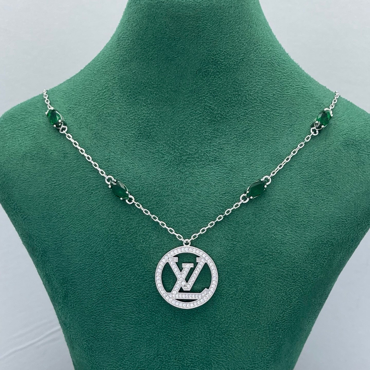 Emerald Oval Stone Chain Necklace with Pavé Circle Medallion