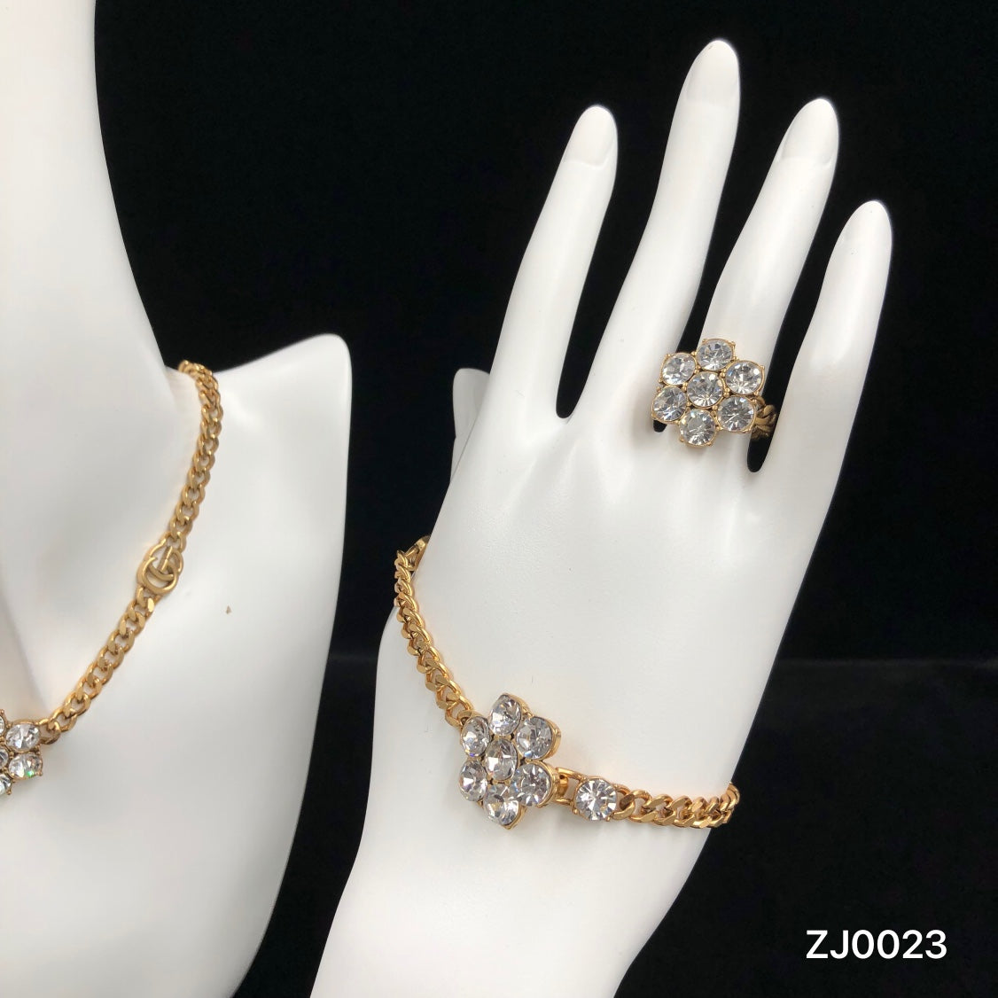 Gold Cuban Link Crystal Flower Logo Jewelry Set