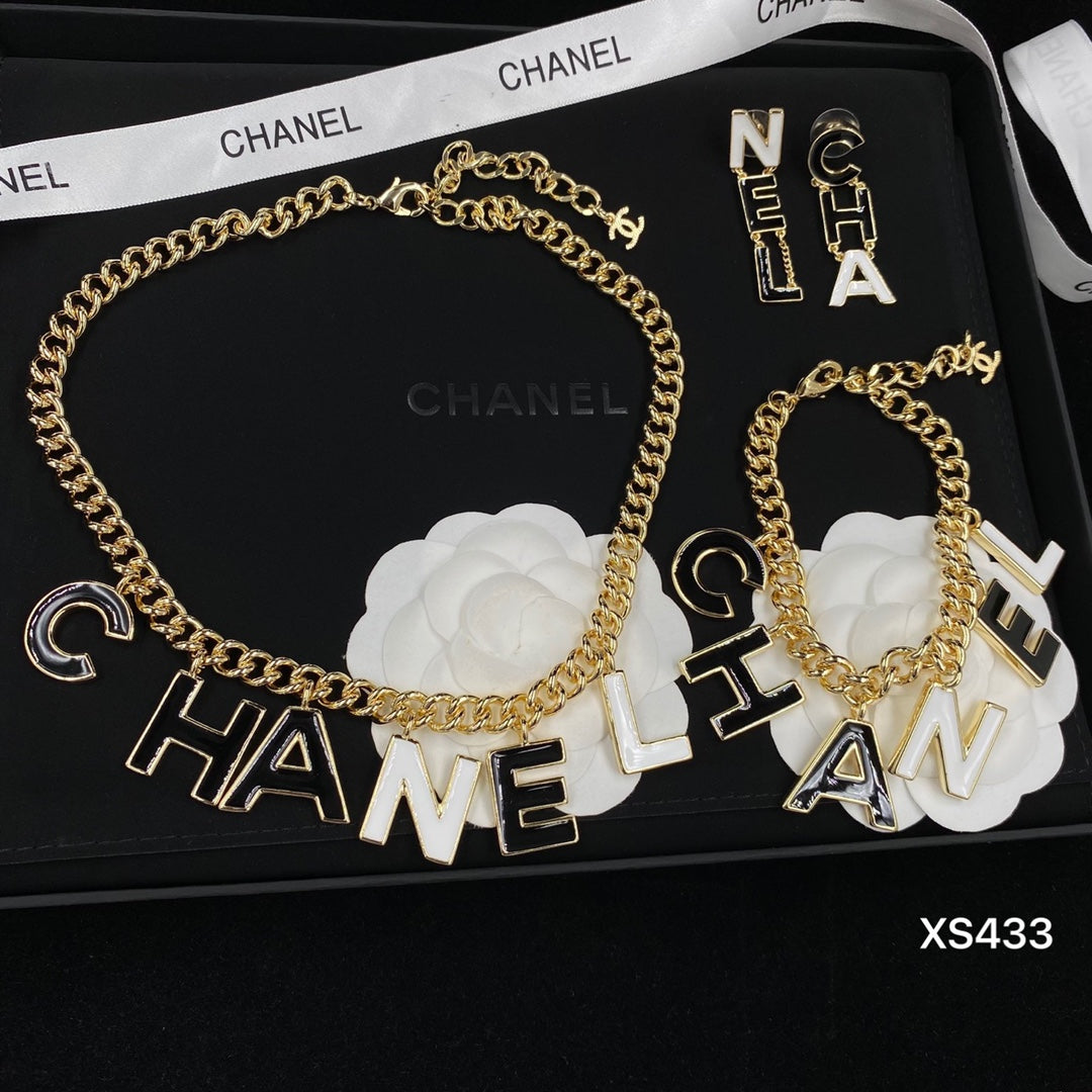 Black & White Enamel Letter Charm Jewelry Set