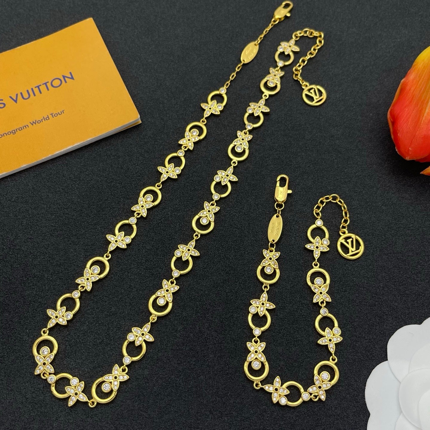 Pavé Floral & Open Circle Link Jewelry Set