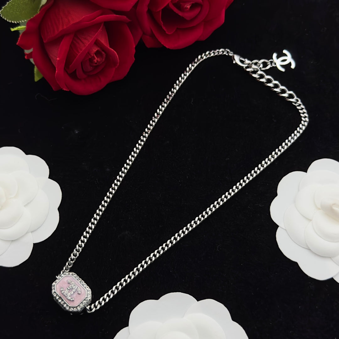 Crystal-Framed Pink Enamel Square Pendant Curb Chain Necklace