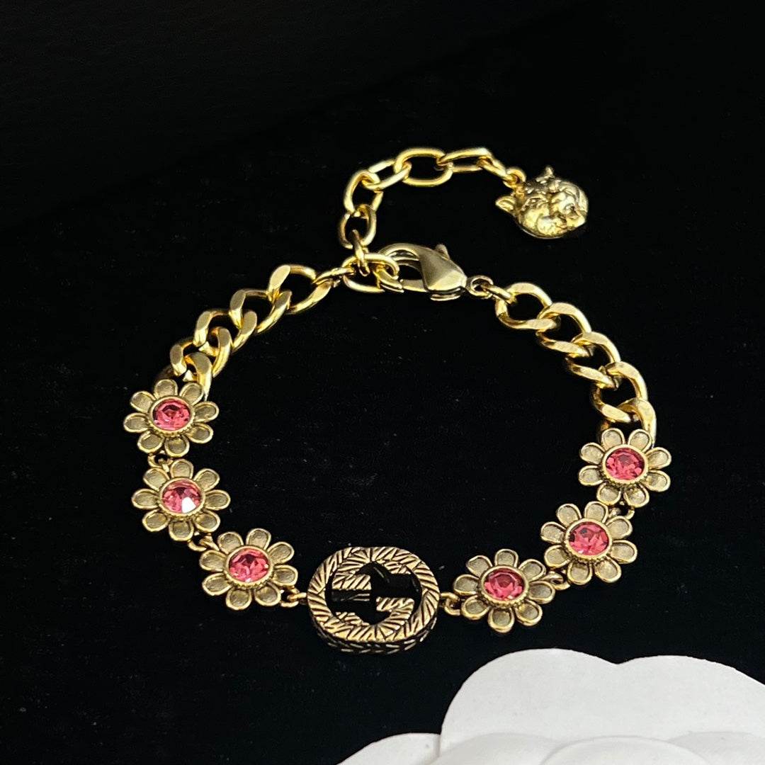 Pink Crystal Daisy Logo Cuban Chain Jewelry Set