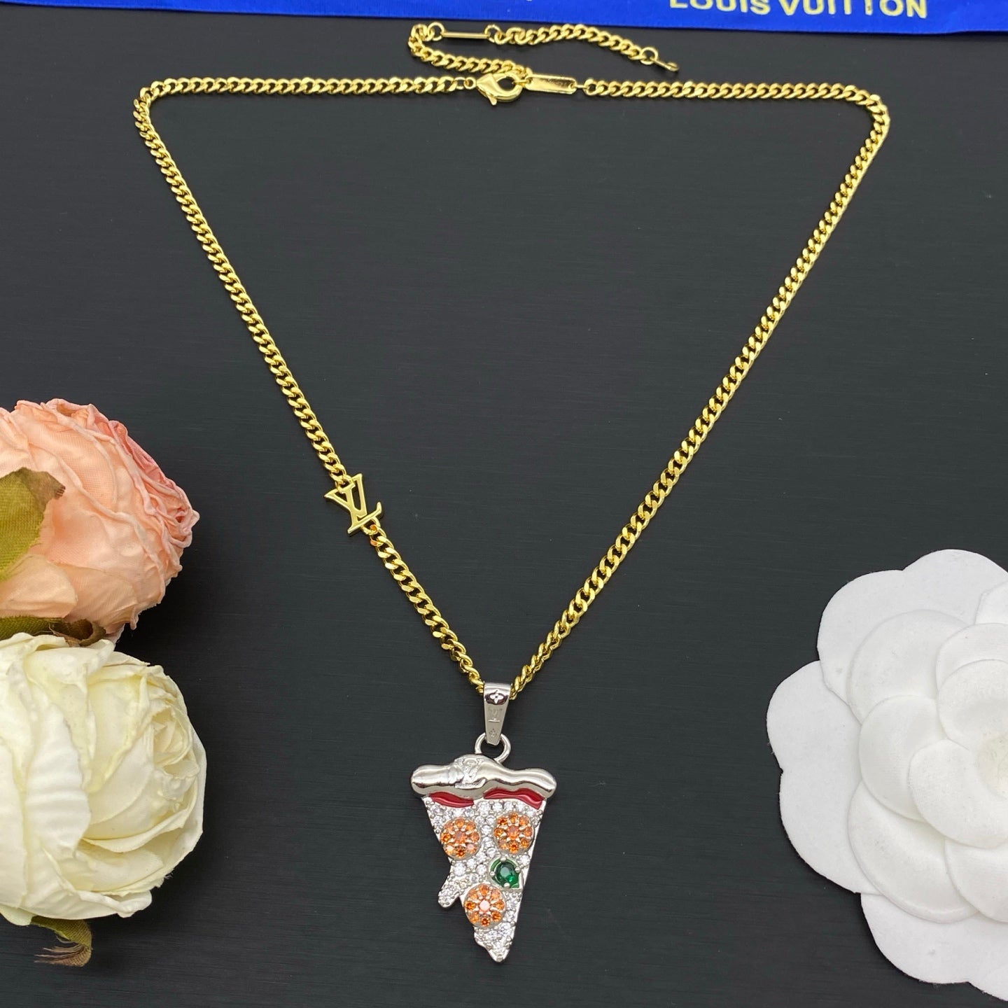 Iced Out Pizza Slice Colorful CZ Charm Cuban Chain Necklace