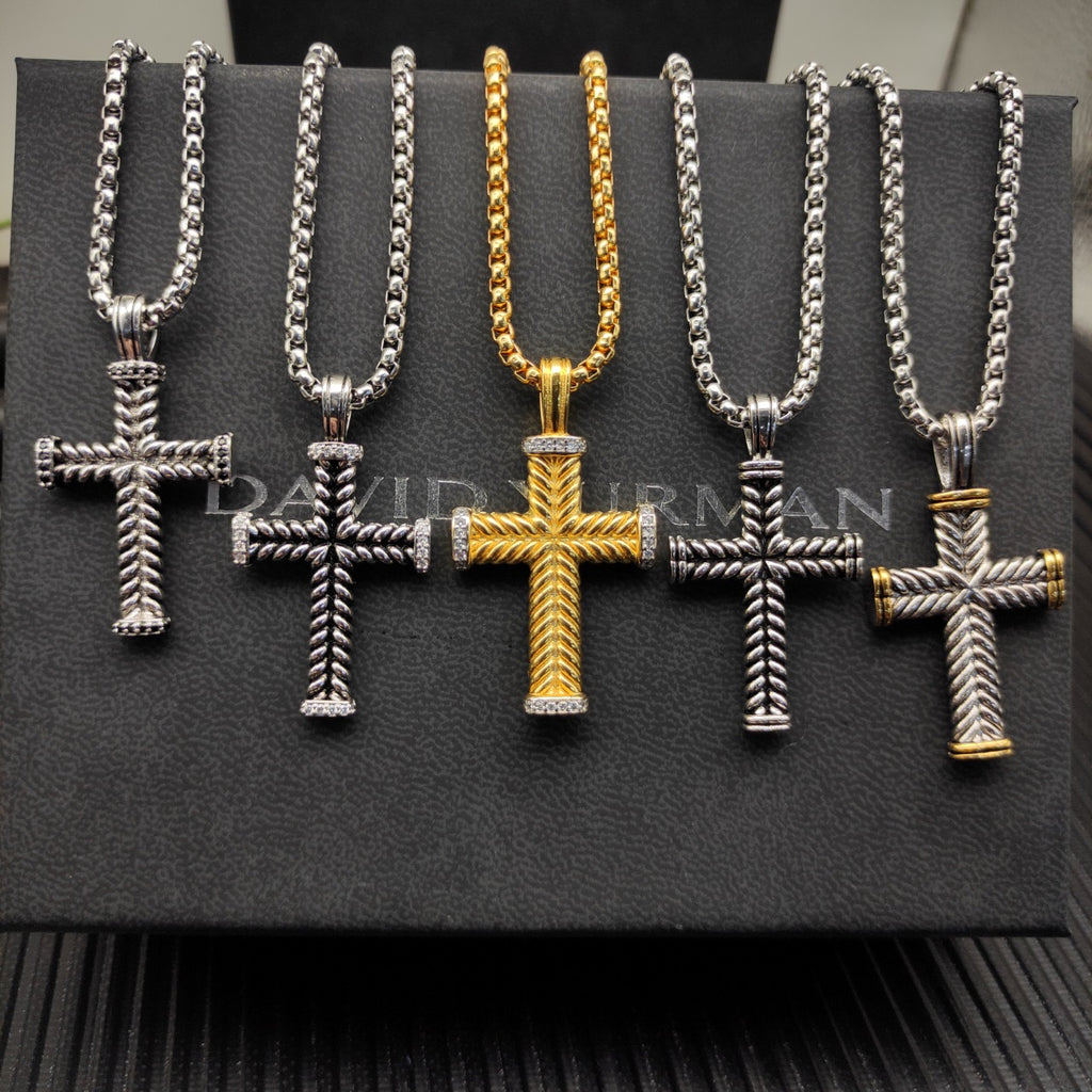 Twisted Rope Cross Pendant Necklace – Gold & Silver