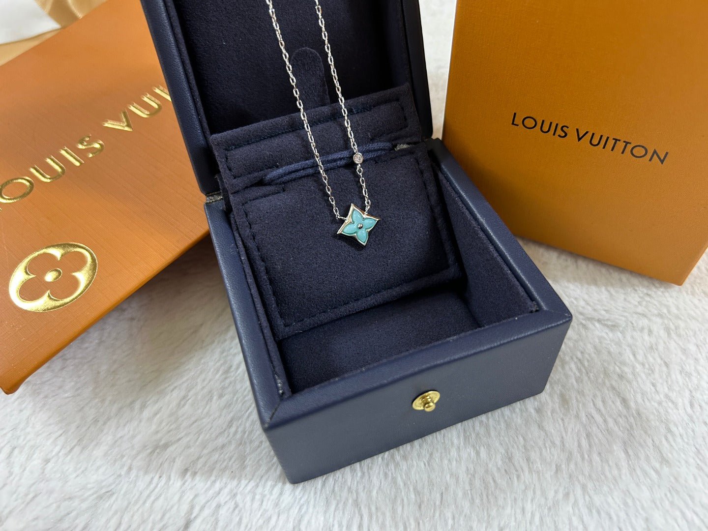 Turquoise Enamel Four-Petal Flower Pendant Necklace