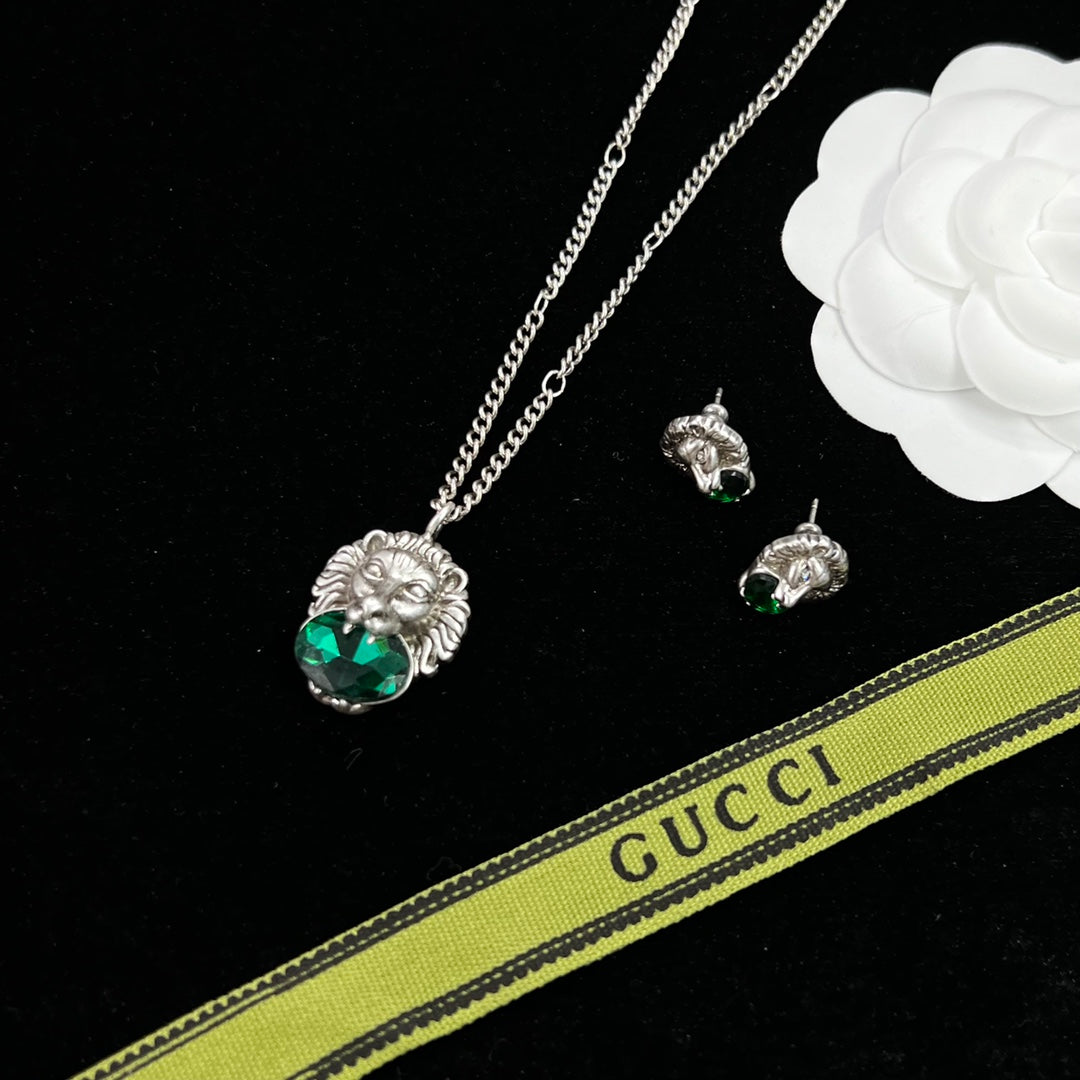 Silver Lion Head Crystal Jewelry Set