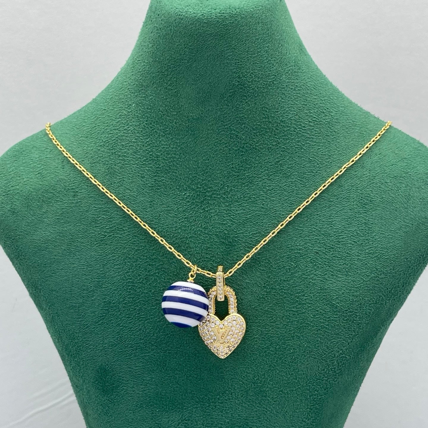 Crystal Heart Lock & Striped Ceramic Bead Charm Necklace