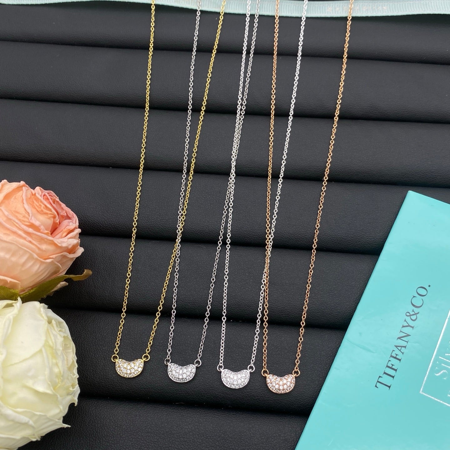Dainty Crystal Semicircle Charm Pendant Necklace – 4 Colors