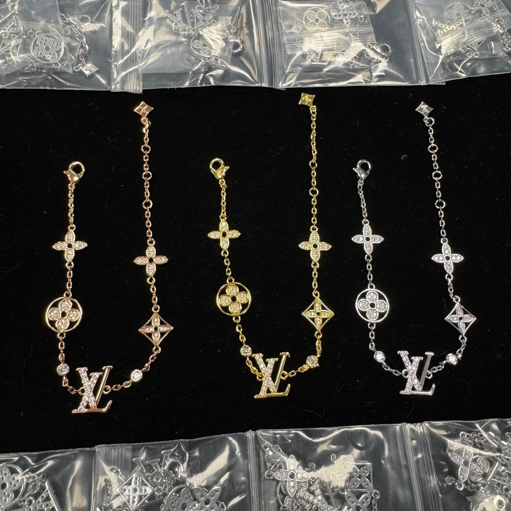 Rhinestone Monogram Clover Station & Logo Initial Charm Necklace & Bracelet Set