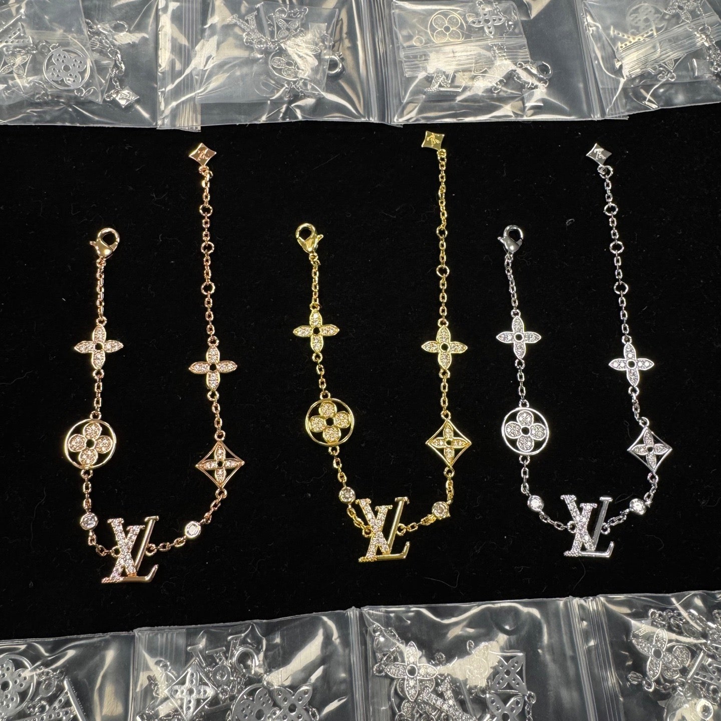 Rhinestone Monogram Clover Station & Logo Initial Charm Necklace & Bracelet Set