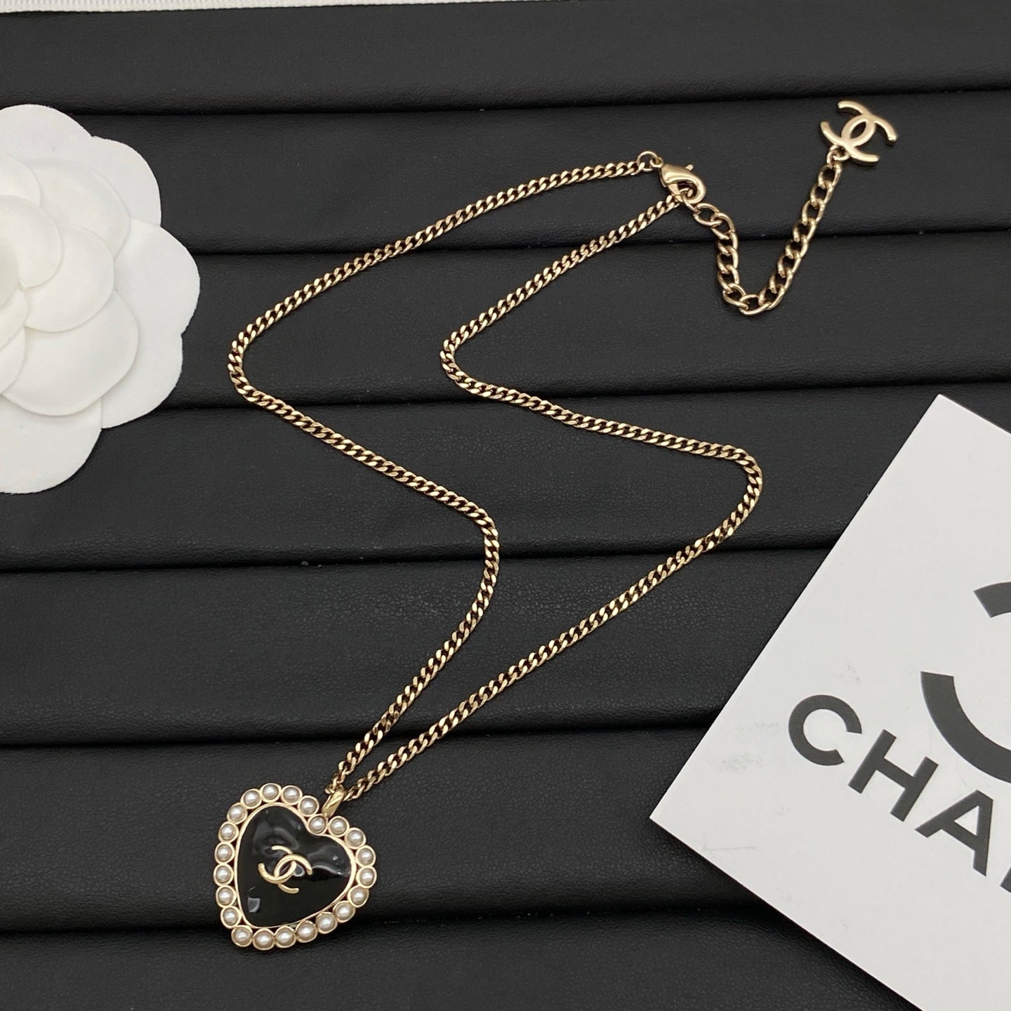 Pearl Halo Heart Pendant Necklace & Stud Earring Set | Enamel Logo | Curb Chain | Black & White