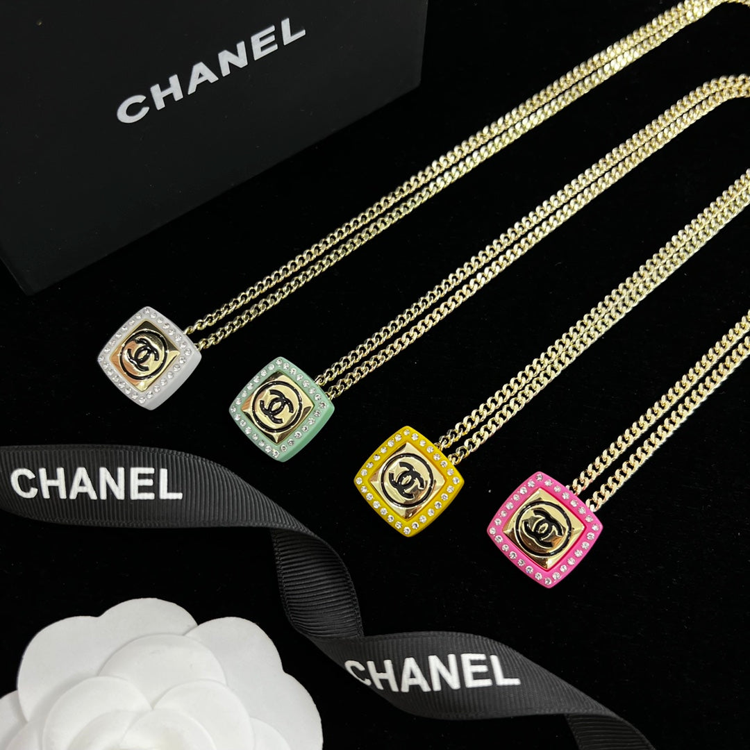 Colorful Enamel Square Crystal Pendant Necklace
