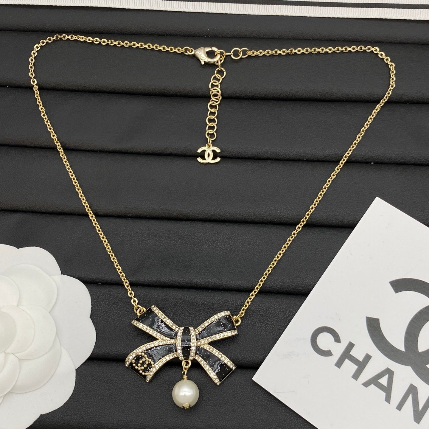 Crystal Bow Pearl Drop Necklace