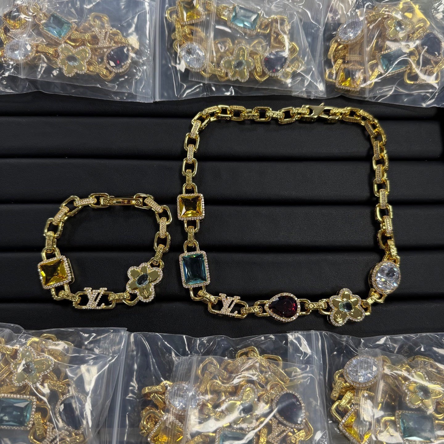 Multicolor Gemstone Pavé Link Necklace & Bracelet Set