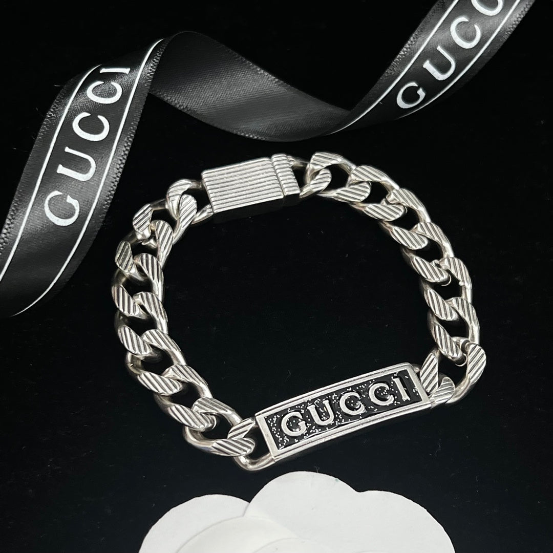 Silver Logo Bar Heavy Cuban Chain Jewelry Set