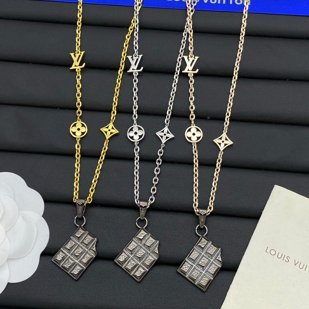 Embossed Grid Square Pendant Station Chain Necklace