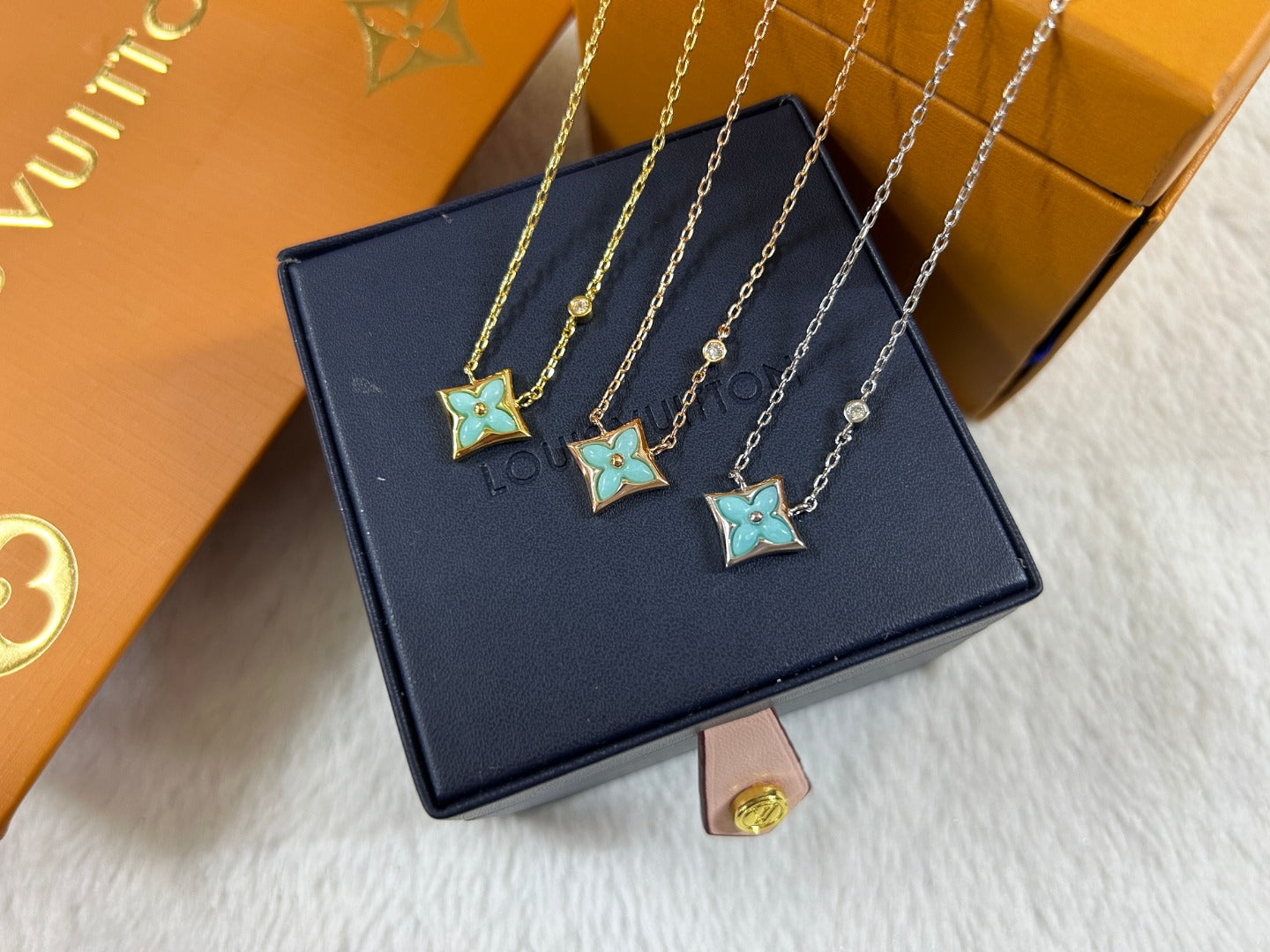 Turquoise Enamel Four-Petal Flower Pendant Necklace