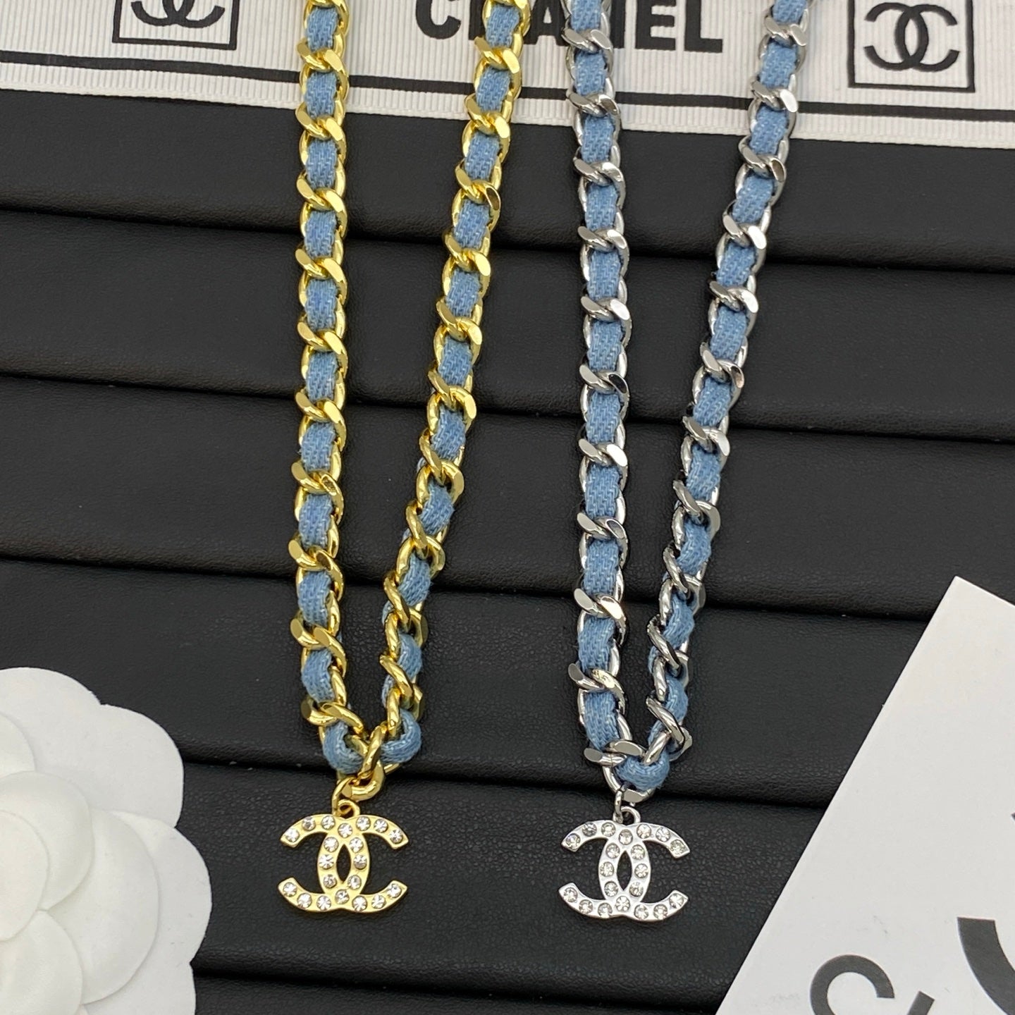 Denim-Woven Cuban Chain Necklace | Crystal Pavé Logo Pendant | Gold & Silver Tone