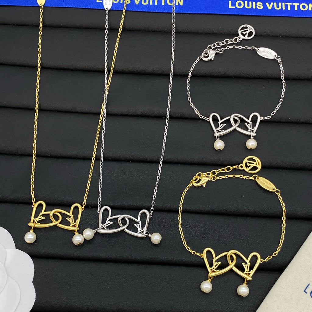 Interlocking Double Heart Pearl Drop Necklace & Bracelet Set