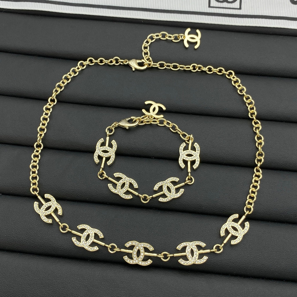 Multi CC Crystal Charm Chain Necklace & Bracelet Set