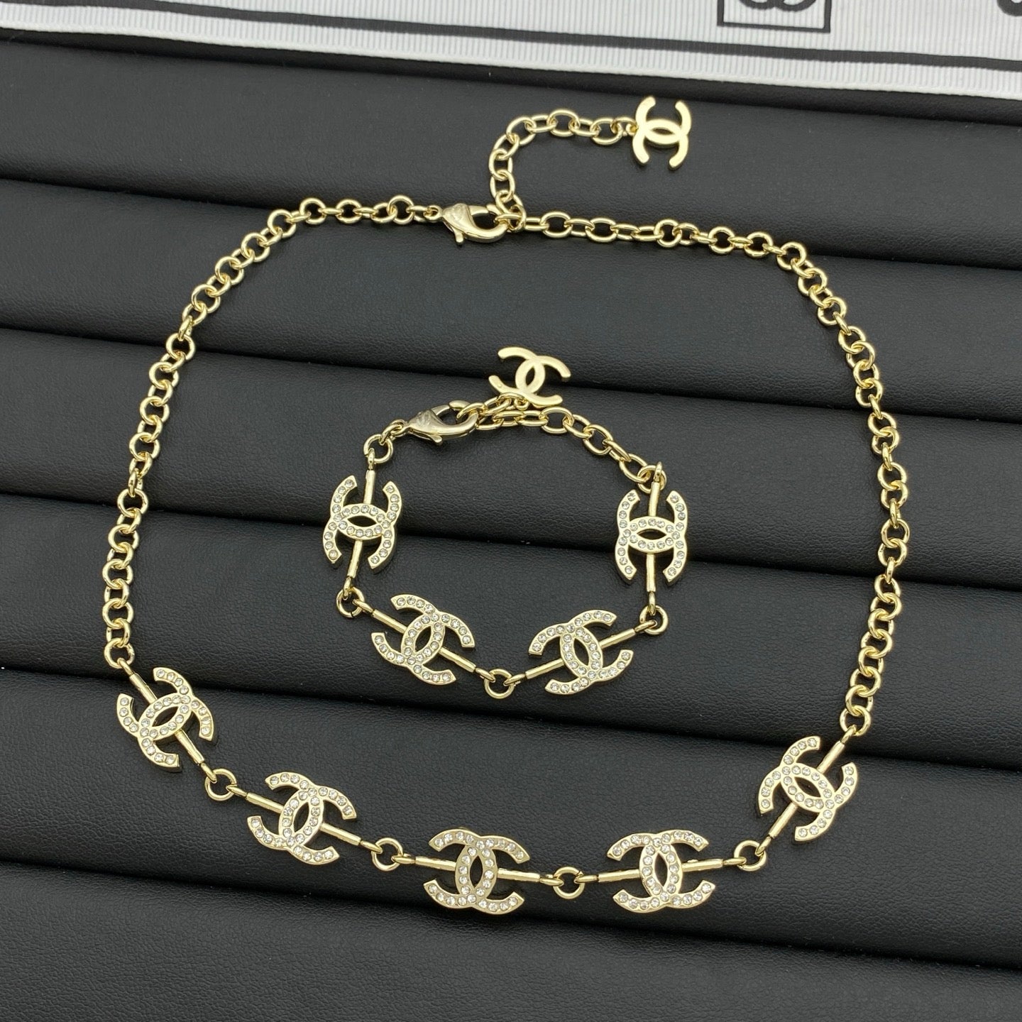 Multi CC Crystal Charm Chain Necklace & Bracelet Set