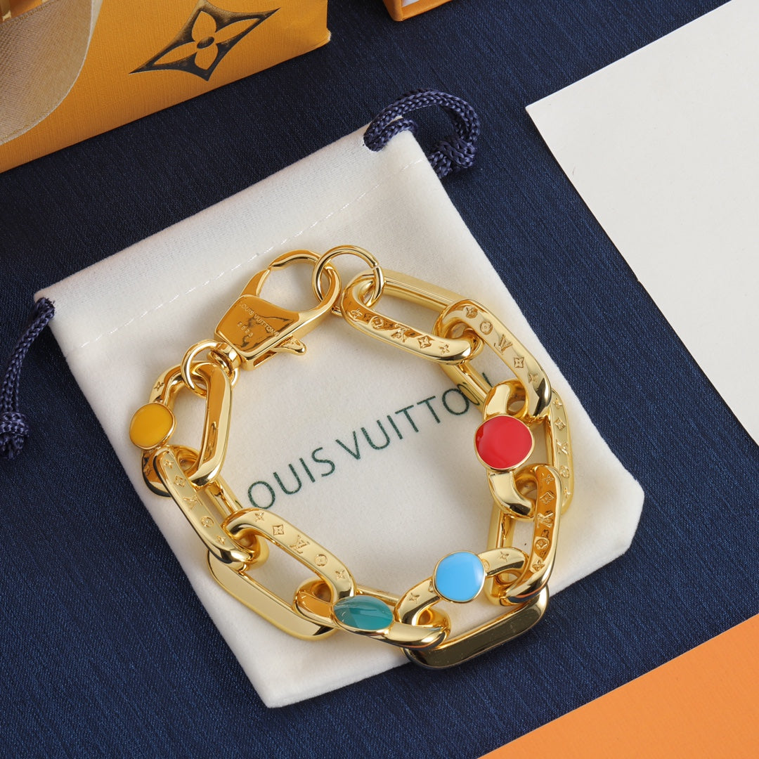 Colorful Enamel Dot Monogram Chain Jewelry Set – Gold-Tone Chunky Necklace, Bracelet & Earrings