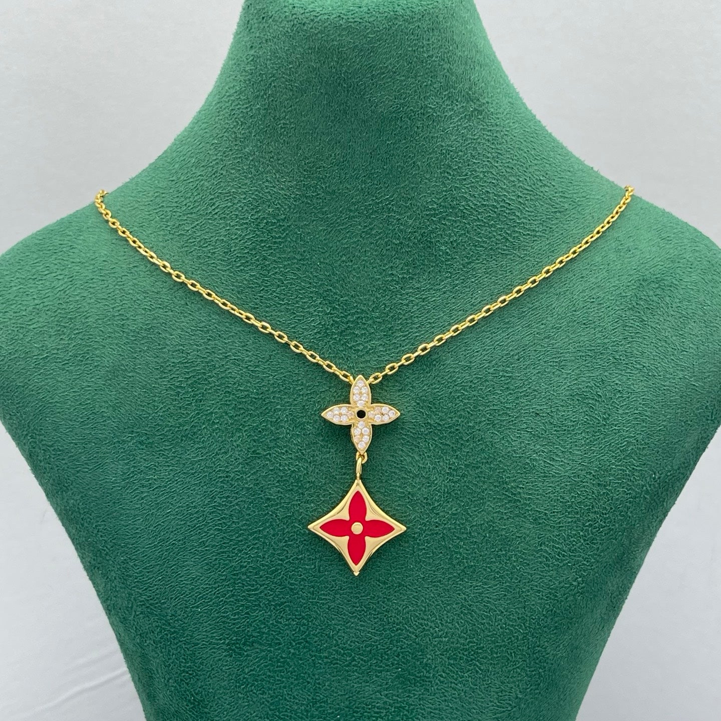 Pavé Star & Enamel Floral Double Drop Necklace