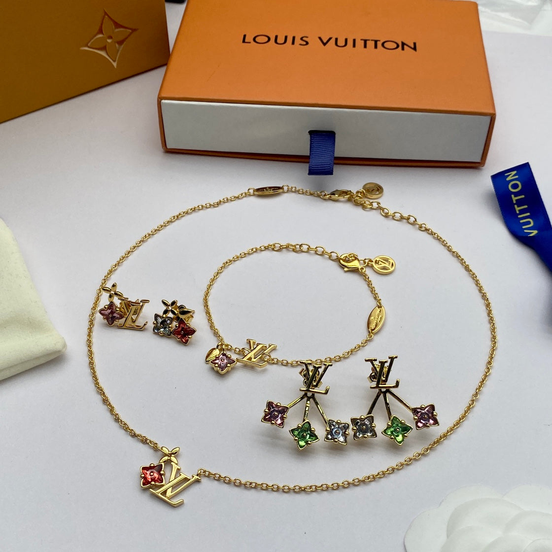 Multicolor Flower &amp; Letter Charm Gold Chain Jewelry Set
