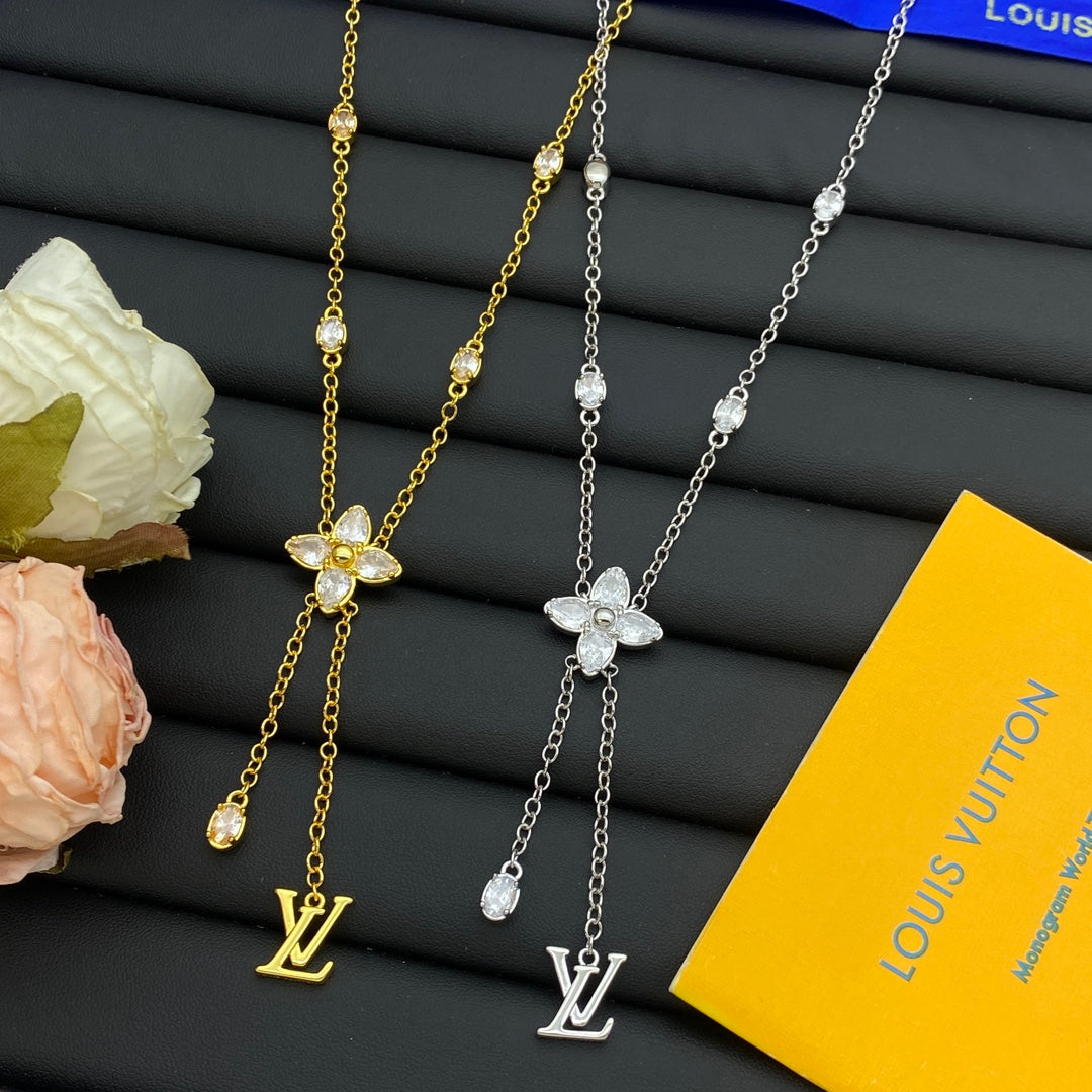 Marquise Crystal Four-Petal Flower Lariat Y-Drop Necklace