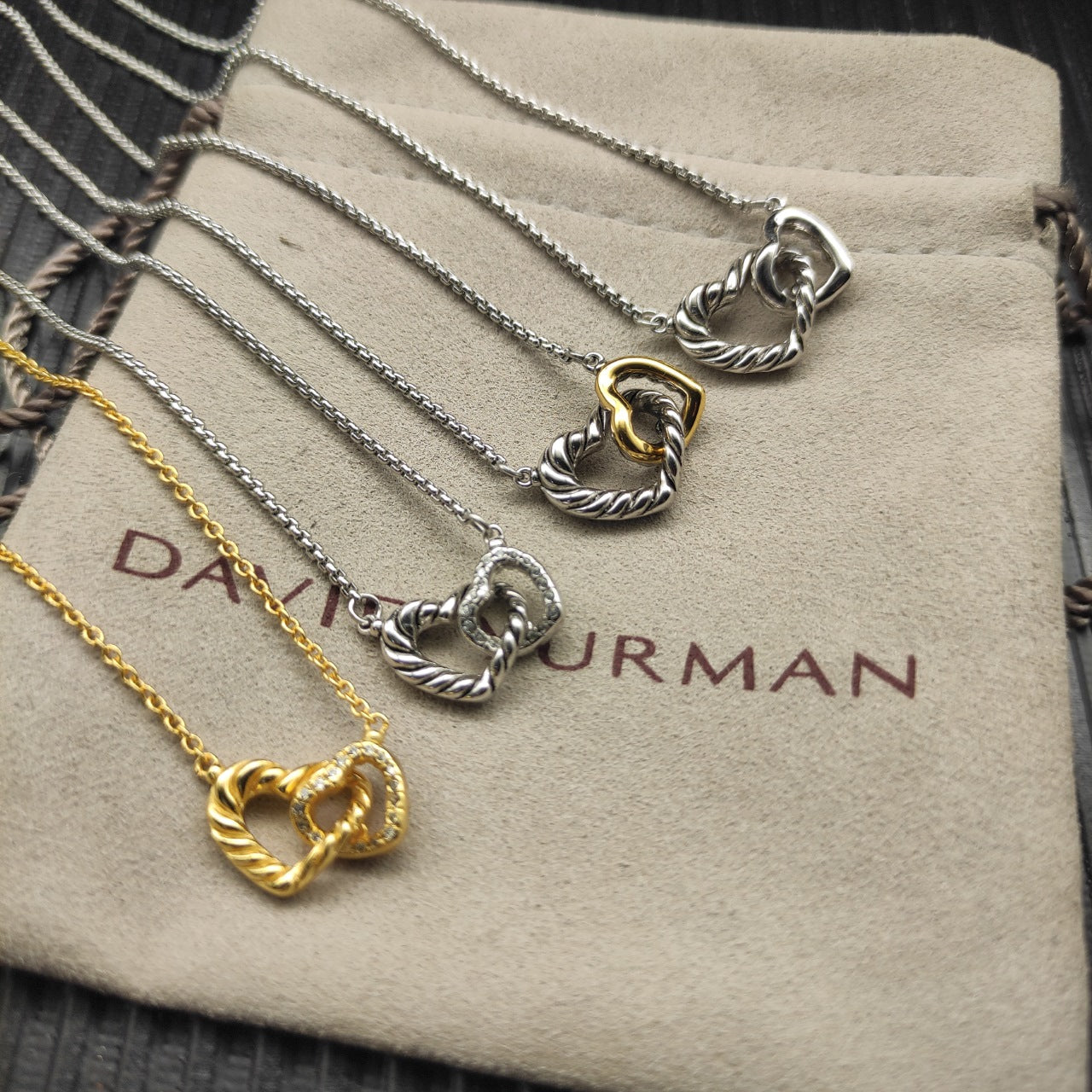 Twisted Cable Double Heart Interlocking Pendant Necklace