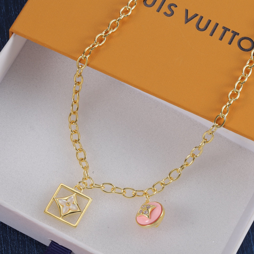Square Frame Floral Charm Long Chain Necklace