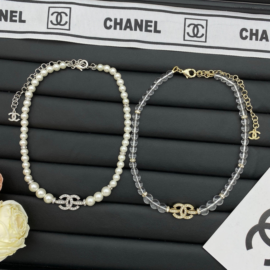 Crystal CC Charm Pearl & Clear Bead Choker Necklace