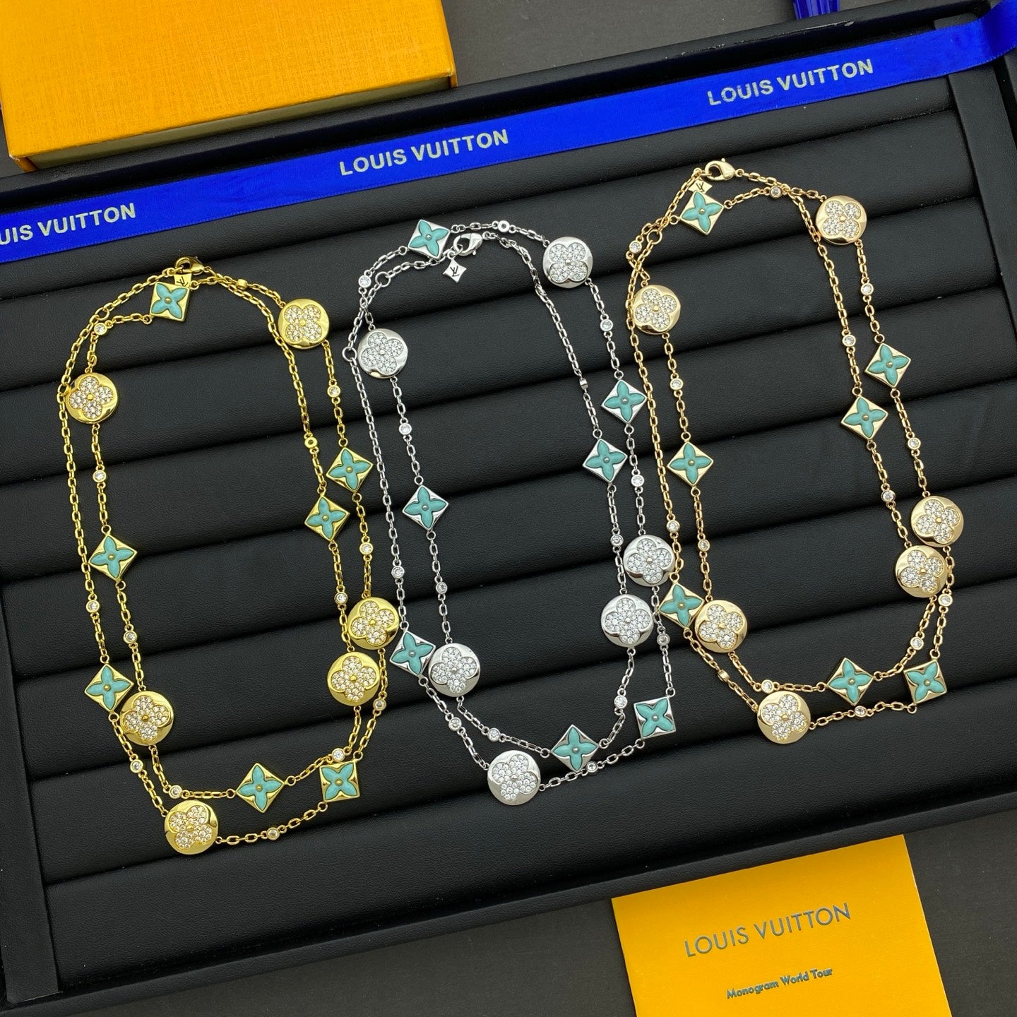 Turquoise Enamel Four-Petal & Pavé Coin Double Layer Long Station Necklace