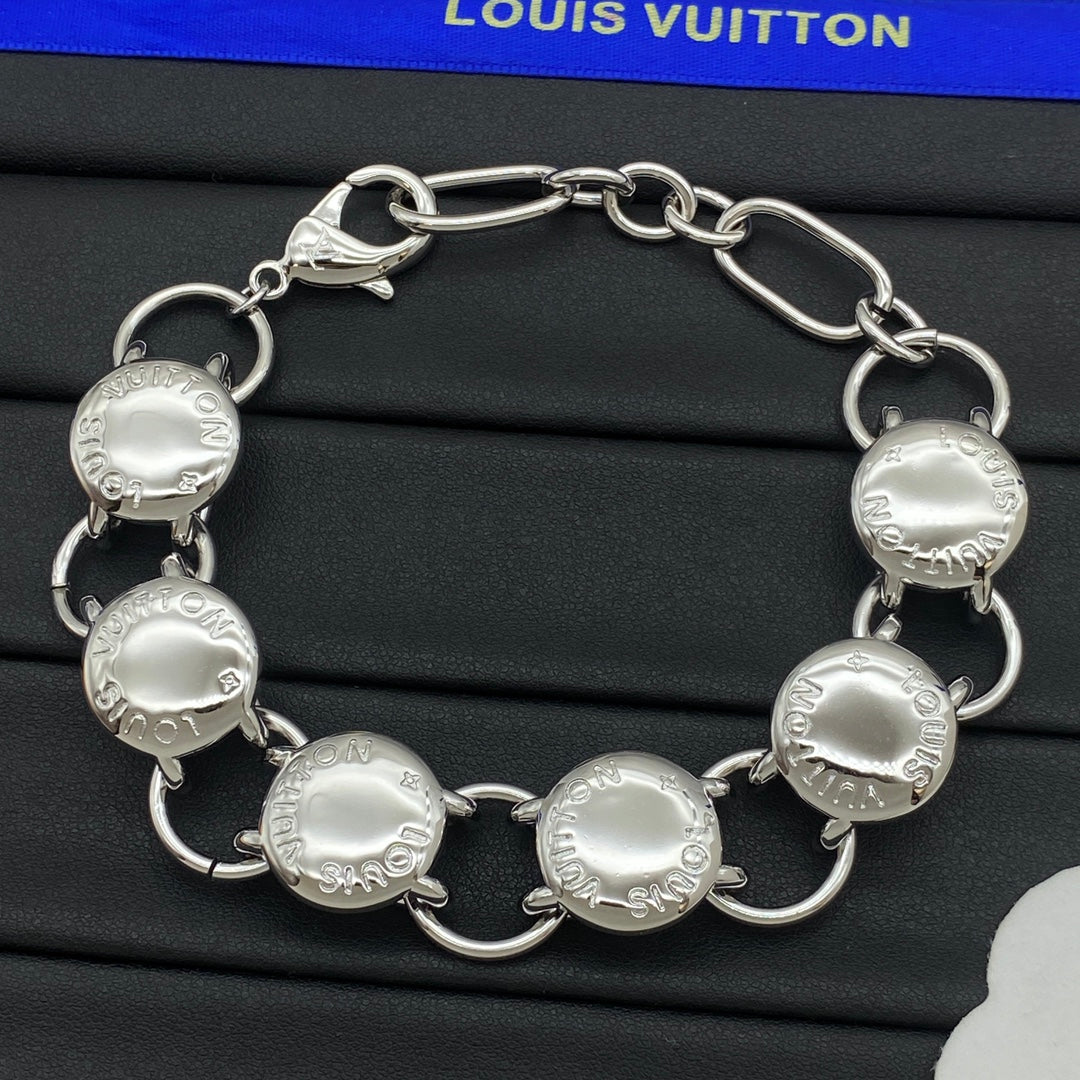 Engraved Coin Disc & Round Link Chain Necklace & Bracelet Set