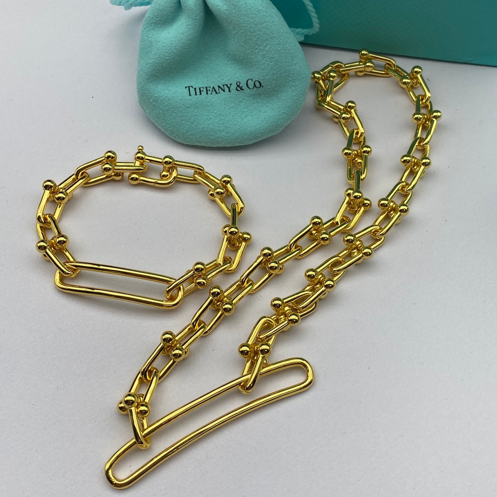 Ball Stud Rectangular Link Chain Necklace & Bracelet Set