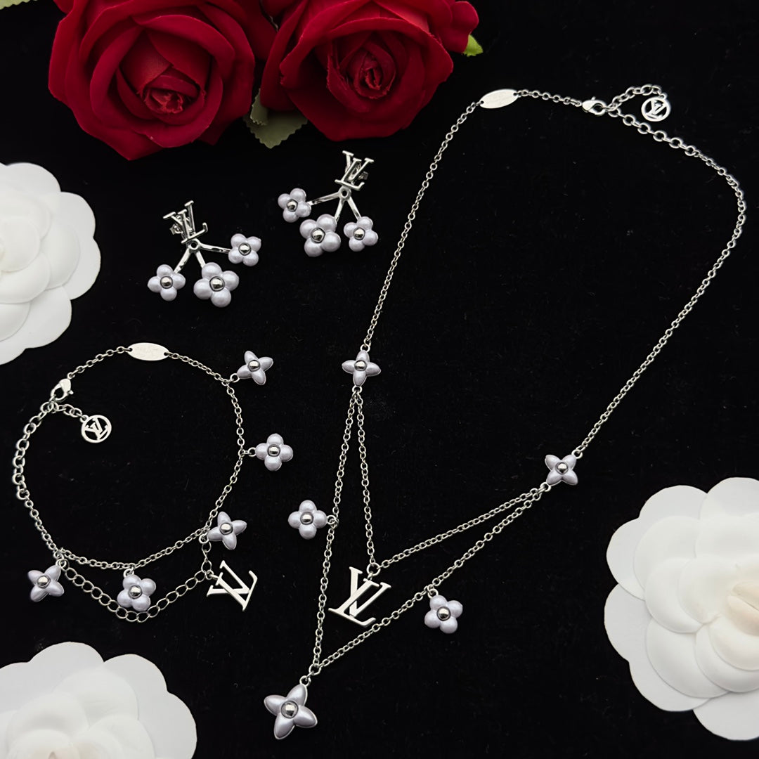 White Ceramic Flower & Logo Charm 3-Piece Set